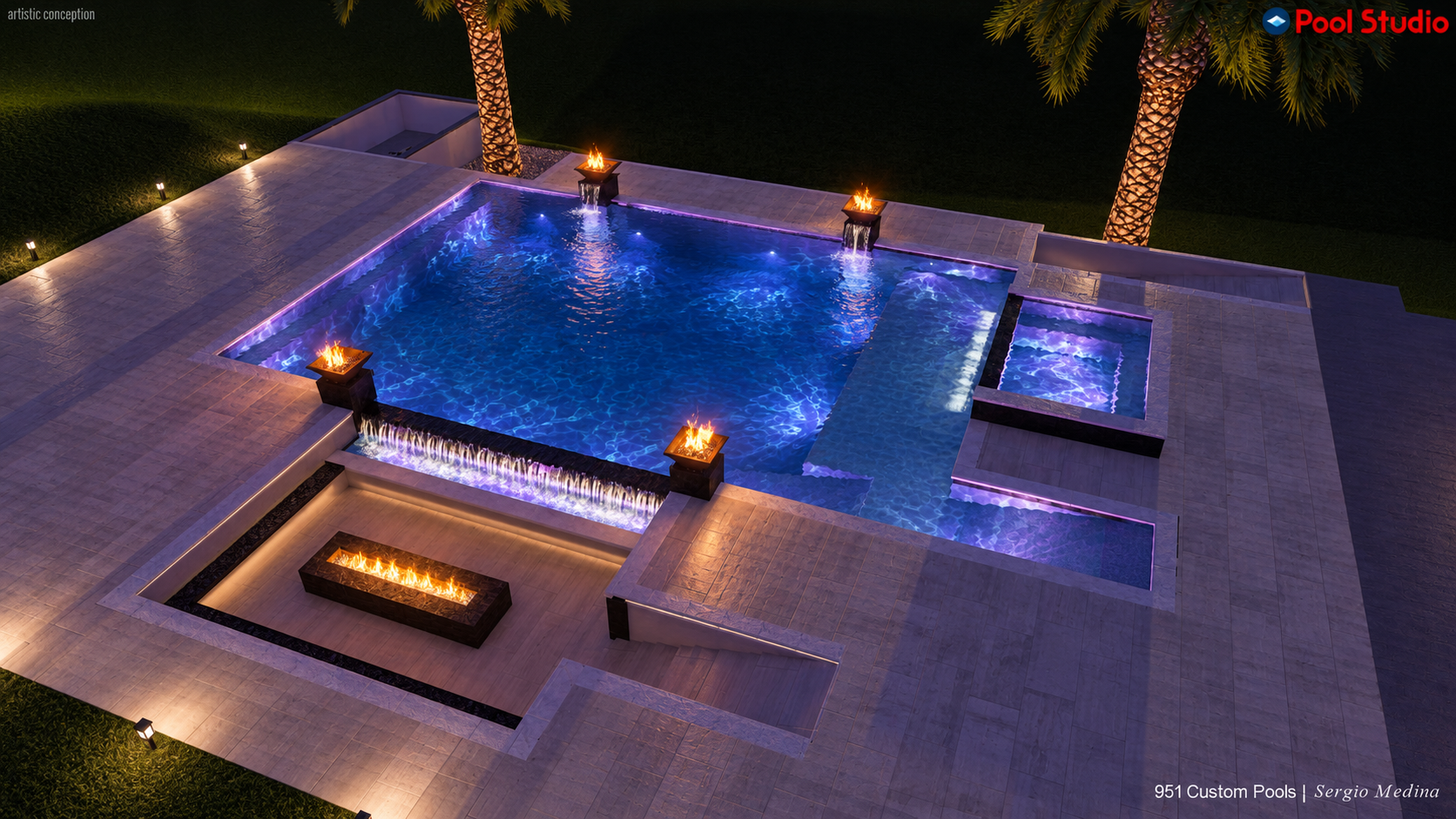 3D concept: Pool, spa & lounge after dark